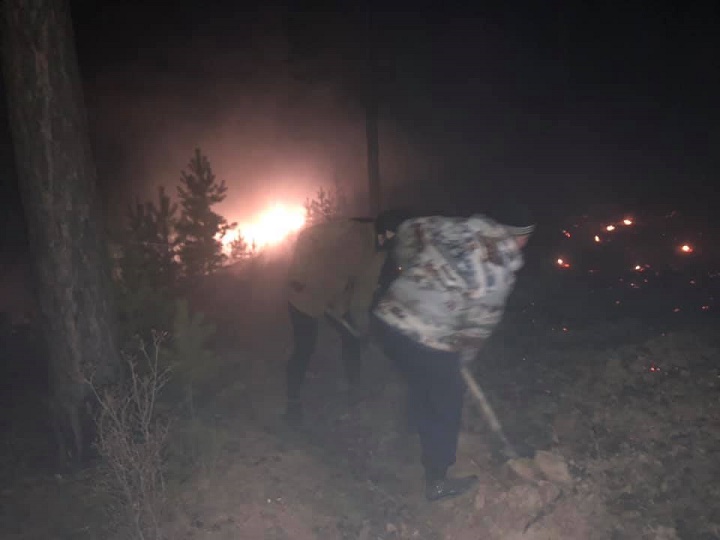 Жители забайкальского села тушат лесной пожар с помощью ведер, лопат и старого грузовика 